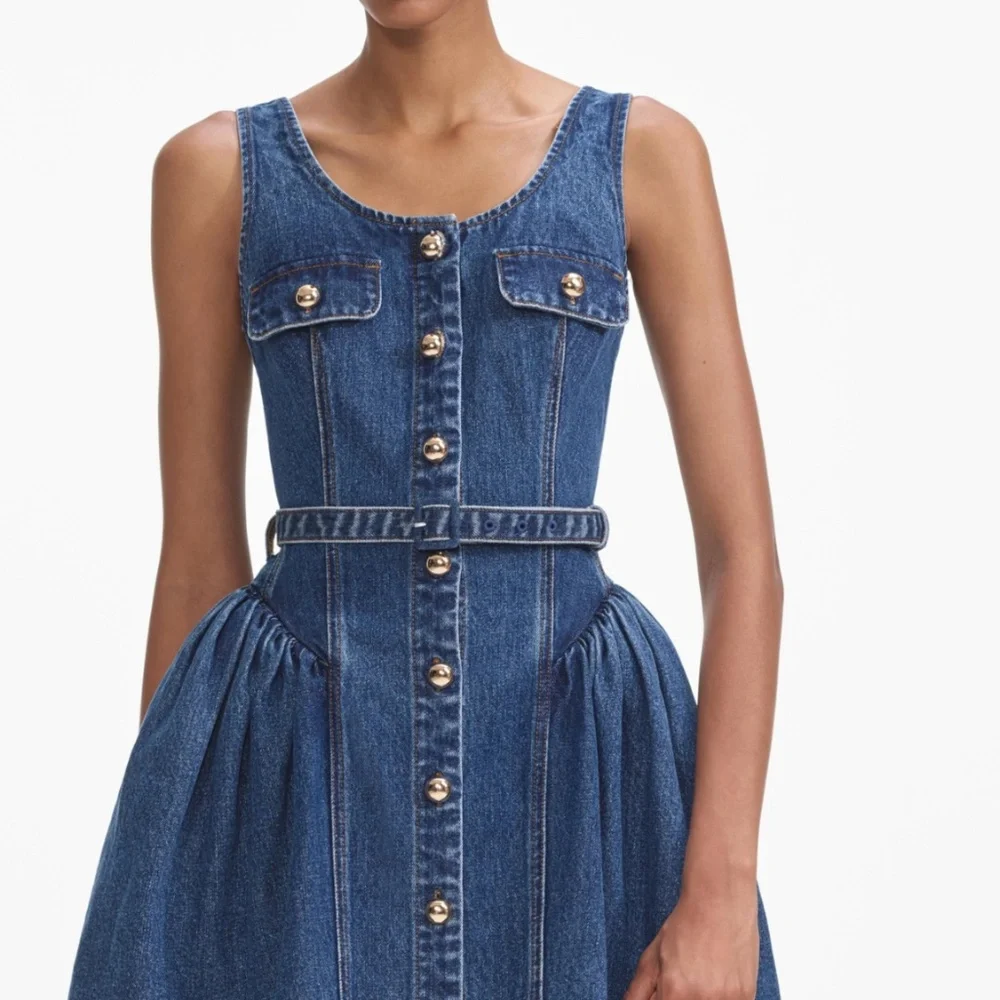 self-portrait Flared Denim Mini Dress US6 - MSRP $380 -  NWT - Picture 4 of 9